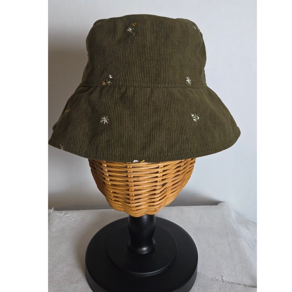 Olive Green Corduroy Bucket Hat Women OS Embroidered Floral Fall Cottagecore